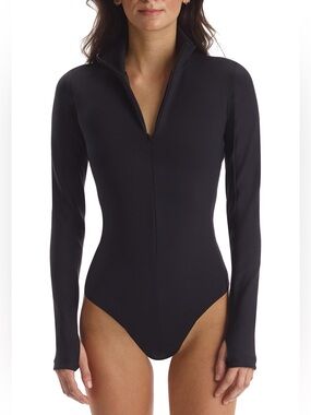 Commando Zip Long Sleeve Scuba Knit Thong Bodysuit Black Small NWOT